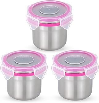 STEELLOCK Stainless Steel Airtight Container with Lid | Leakproof, BPA-Free | Multipurpose Food Storage Containers/Tiffin/Dabba for Office, School & Kitchen | SL-1102-set of 3, 200ml each, Pink