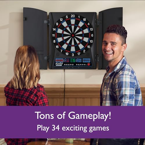 Fat Cat Electronx Electronic Dartboard Compact Size Over 35 Games with 167 Options Built-In Cabinet and Dart Storage for up to 12 Darts Auto Scoring LCD Display 8-Player Multiplayer and Soft Tip Darts