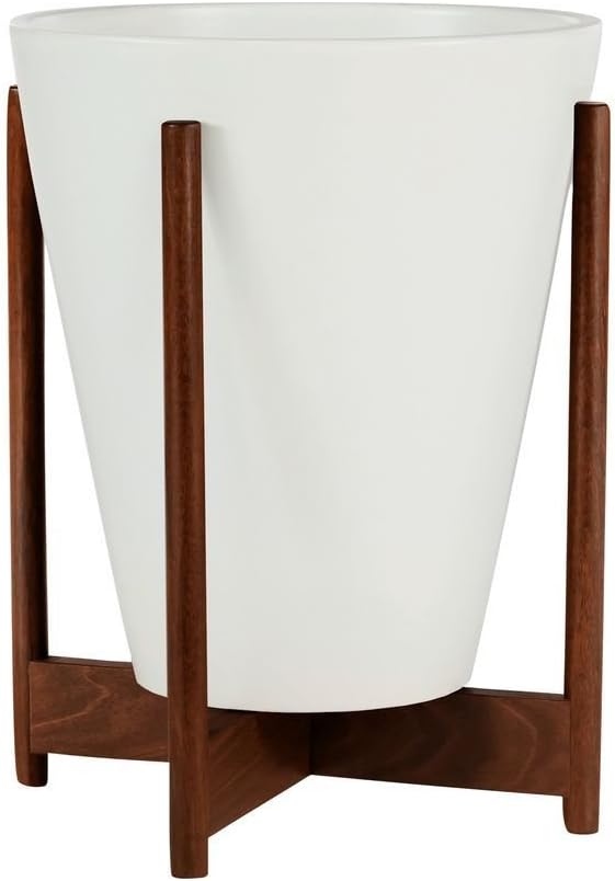 Ceramic Small Funnel Planter | White/Wood Stand