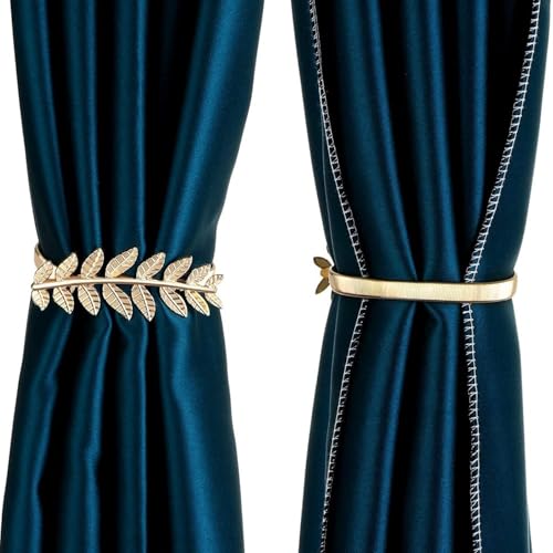 Image of TIED RIBBONS Set of 2 Metal Curtain Tiebacks Spring Design (Golden, 13 Inch) - Curtain Holdback Leaf Carving Design Curtain Ties for Drapes Ties Backs Curtains Modern Style Holdbacks
