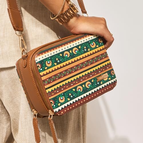 Image of Chumbak Jaipur Sling Bag for Women, Tan Floral PU Leather, Digital Nomad Collection, Stylish Zipper Sling, Lightweight Crossbody Bag for Everyday Travel and Casual Outings