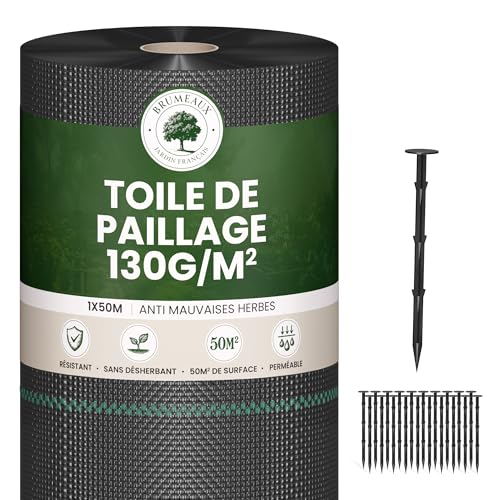 Lona de mantillo de 130 g/m² con sardinas de plástico – Geotextil anti repeler 50 x 1 m para jardín huerto – Lona antimaleza 130 g para huerto