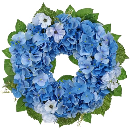 Hollyone Artificial Hydrangea Wreath for Front Door 20 Inch Blue Faux Hydrangea Flower Wreaths Fake Spring Summer Flowers Wreath for All Season Indoor Outdoor Home Mantel Wall Farmhouse Decor