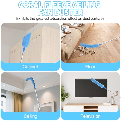 Image of Eunice 13-49.7 Inches Ceiling Fan Duster with Extension Pole, U-Shape and Coral Fleece Heads Adjustable and Removable Fan Cleaner Blade for High Ceiling, Window Door Furniture (Blue)
