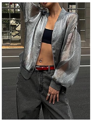 SHENHE Women's Y2k Sheer Bomber Jacket Oversized Lightweight Organza Zip Up Jacket Streetwear4