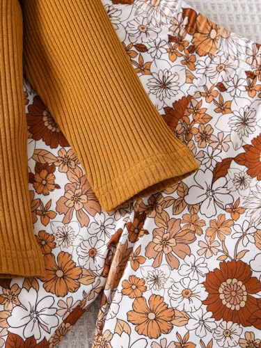 Image of OYOANGLE Girls' 2 Piece Outfits Rib Knit Ruffle Trim Long Sleeve Tee Shirt and Flare Leg Pants