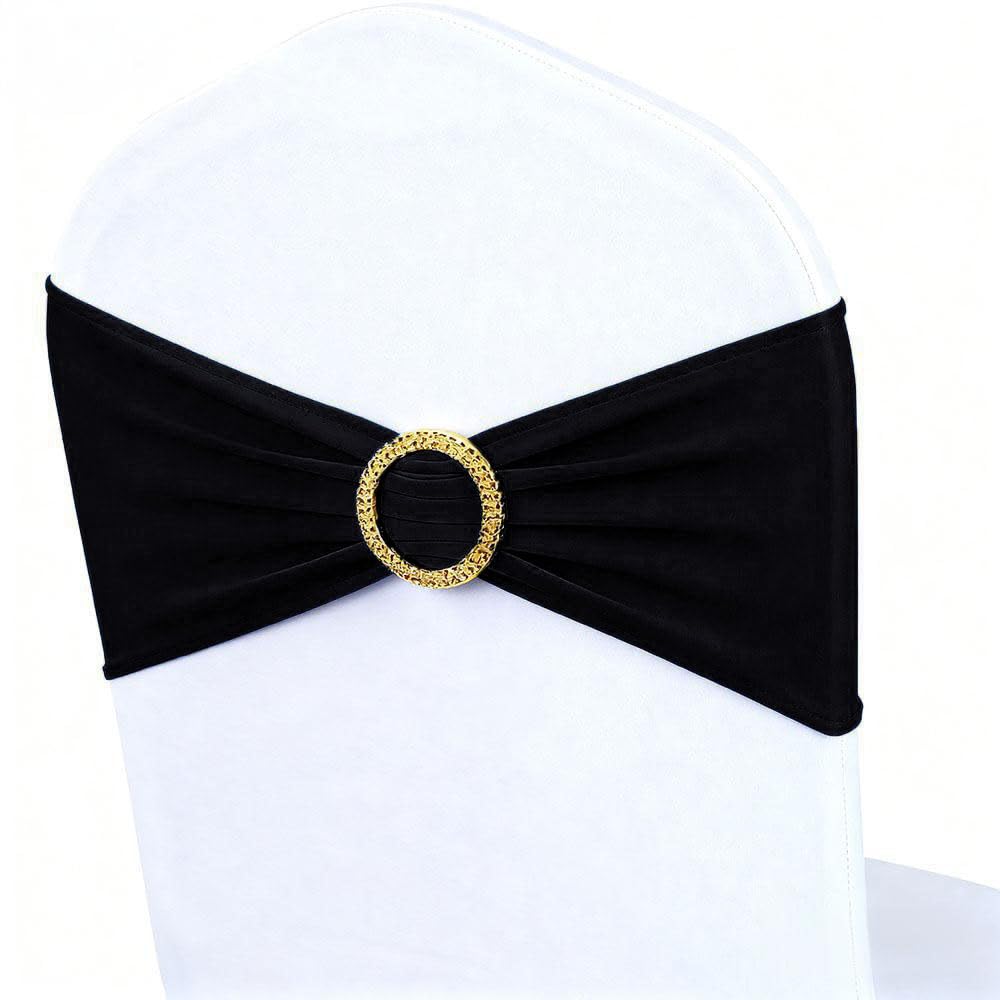 Black Chair Sashes 50 Pack with Gold Buckle Slider, Spandex Sashes for Folding Chairs Wedding Party Banquet Décor