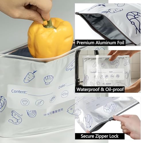 Image of LISHER Reusable Aluminum Foil Sealable Storage Bags Label and Zip Lock,Food Storage Vegetable Fruit Meat Biryani Food Kitchen Food Storage & Freezing, Stand-Up Bottom Silver Foil Pouches 10pcs