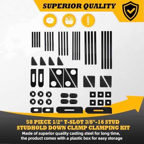 Image of 58 Pcs 1 /2 inch T-Slot 3 /8 inch-16 Stud Clamp Compatible with Milling CNC | Hardened Alloy Steel, High Clamping Stability