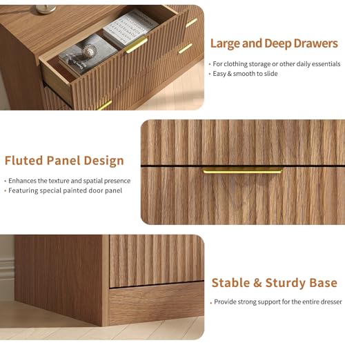 Image of Fluted Dresser for Bedroom with 8 Drawer, 55 inch Wide Wooden Dresser Mid Century Chest of Drawers w /Gold Handle, Fluted Dressers TV Stand Closet Storage Organizer for Living Room, Natural Oak