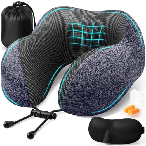 Image of ExploreBliss Travel Pillow, Neck Pillow Airplane, Mottled Blue | Travel Pillows for Airplanes, Neck Pillow Airplane, Memory Foam Neck Pillow Set with Eye Mask, Earplugs