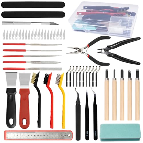 56 Stück 3D Druck Werkzeugset, Entgrater Set zum Entfernen Reinigen und Fertigstellen inkl Entgratungs und Reinigungswerkzeuge Tranchiermesser Feile und Spitzzange 3D Drucker Zubehör für Modellbau