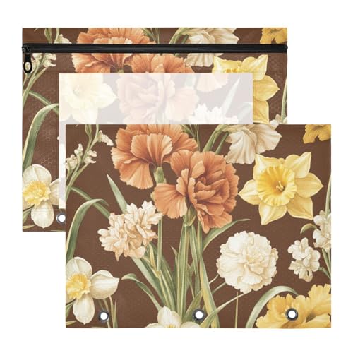 FRODOTGV Summer Flowers Gladiolus Brown Binder Pouches with Smooth Zippers 3 Hole Pocket for A4 Paper Letter 2 Pack Teacher Class Supplies