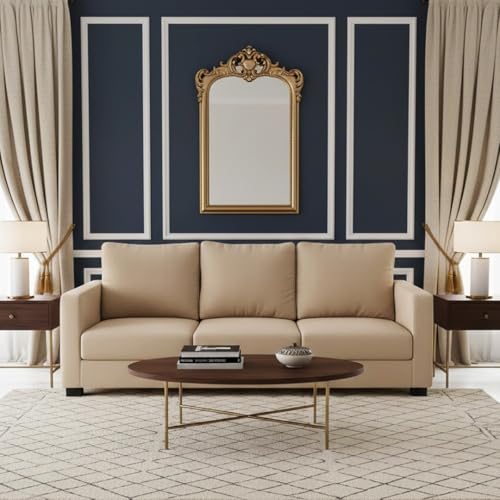 Image of FURNY Haster 3 Seater Fabric Sofa (Beige) Premium Velvet Finish Durable & Comfortable Ideal for Living Room
