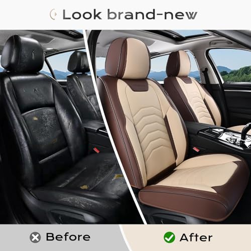 Image of Coverado Seat Covers, Car Seat Covers Front Seats, Faux Leather Automotive Seat Covers Luxury Waterproof Car Seat Cover Protectors Carseat Cover Universal Fit for Most Cars Trucks SUV, Coffee&Beige
