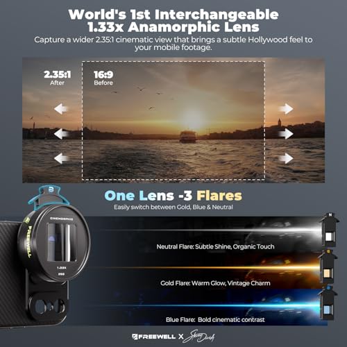 Image of FREEWELL 1.33x Anamorphic Lens for iPhone & Samsung - 3-in-1 Streak Color (Neutral, Gold, Blue), Oval Bokeh, Compatible with 17mm Mount Systems