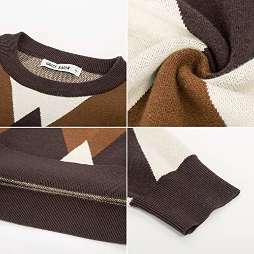 Grace Karin Mens 3-Color Argyle Contrast Patterns Pullover Sweater, Brown, S #TOP4
