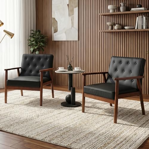 Image of Black Accent Chairs Set of 2, Faux Leather Chairs with Solid Wood Armrest | JIASTING, Mid-Century Modern, Tufted Backrest, Living Room, Waiting Room, Office