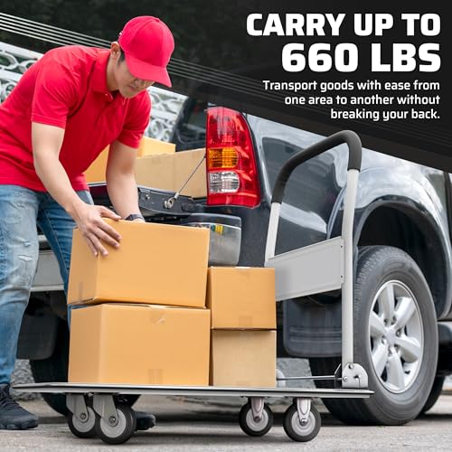 Image of Heavy Duty Foldable Push Cart Dolly | 660 lbs. Capacity | Upgraded Collapsible Hand Truck Folding Platform with Swivel Wheels | Flat Bed Moving Wagon | Space Saving Push Handle (White)