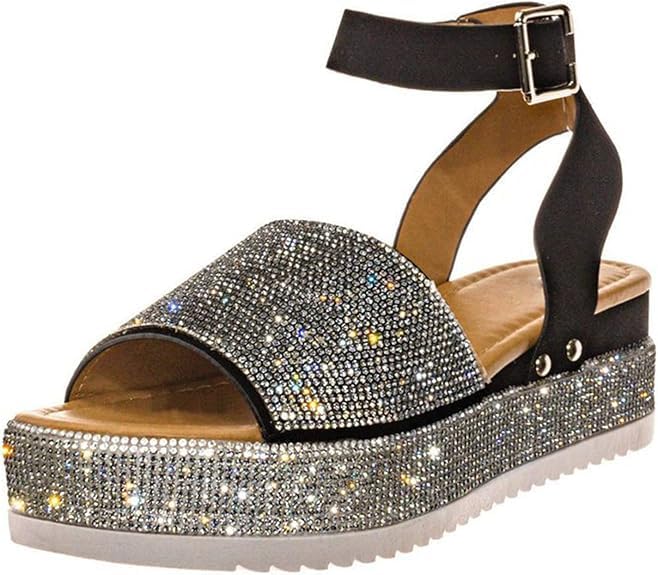 Espadrille Sandals Women Bling Rhinestone Crystals Dressy Platform Ankle Buckle Sandals Summer Beach Shoes Open Toe Glitter Wide Width Wedge Sandal Comfortable E-Black,8.52
