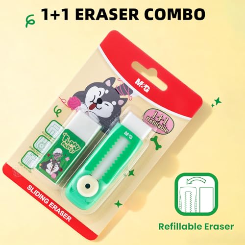 Image of M&G 1+1 Pack Green Sliding Retractable Cute Eraser Set, Refillable Soft Large Rubber Eraser with Sleeve for Kids Students School Office Supplies