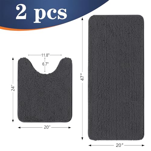 Image of OLANLY Bathroom Rugs Sets 2 Piece, Soft Absorbent Chenille Bath Mats and U-Shaped Contour Toilet Mat Area Rug Set, Machine Washable Bath Carpet, Home Decor Accessories(47 inchx20 inch+24 inchx20 inch, Dark Grey)