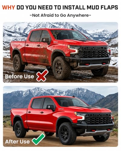 Image of Autorder Mud Flaps Splash Guards for 2019-2026 Chevrolet Silverado 1500 Accessories(ZR2, LT Trail Boss, Custom Trail Boss) No Drill Mud Guard Front Rear Mudflap Flexible ABS Thermoplastic Set 4PCS