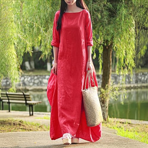 Image of Women's 2025 Spring 100% Linen Long Dress with Long Sleeve Maxi Dress Casual Loose Fitin Solid Color Pockets