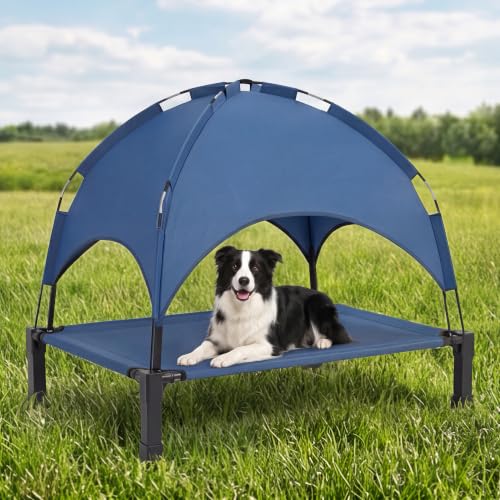 Elevated Dog Bed with Canopy 42in Raised Pet Cot for Medium/Large Dogs up to 70lbs Outdoor Portable Dog Tent with Removable Sun Shade & Breathable Mesh for Camping Beach and Backyard
