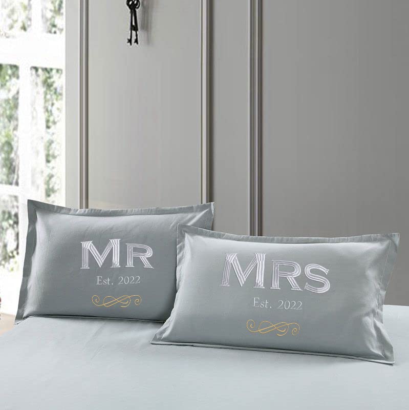 100% Cotton Mr and Mrs Embroidered 200 Thread Count Hotel Quality Wedding Anniversary Couples Gift His and Hers Gift For Him and For Her White Grey Oxford Pillowcase Pair (Grey)