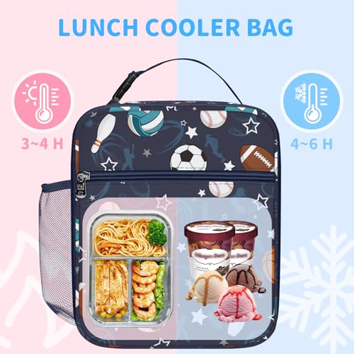 Clastyle Sport Insulated Kids Lunch Bag Large Thermal Cooler Bag for Boys Picnic School Toddler Lunch Box Tote,Ball - Image 2