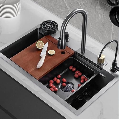 Image of 30 x 18 x 9 inches Waterfall Kitchen Sink with ANTI SCRATCH HONEYCOMB DESIGN Integrated Waterfall and Pull-down Faucet Set /304 Grade Stainless Steel Sink with Cup washer and Drain Baskets.