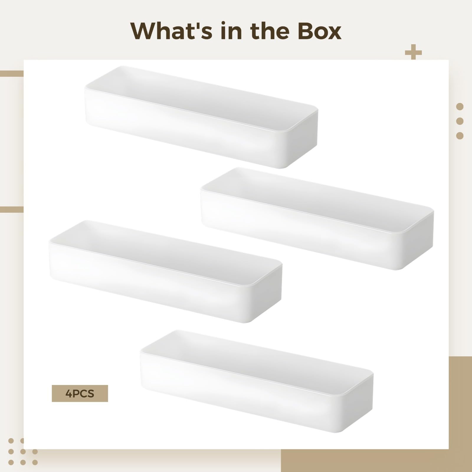 Juego de 4 bandejas de almacenamiento de plástico blanco, organizador de cajones apilables para cocina, oficina, cosméticos