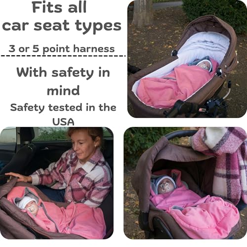 Image of Car Seat Blankets for Babies Winter - Stroller Footmuff Carseat Cover Baby 5 Point Harness - Swaddle Bunting Bag (Pink)