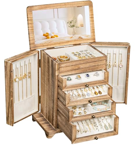 Bellaownia Large Jewelry Box & Organizer for Women Wooden Jewelry Storage with 4 Transparent Drawers Holds Necklaces Rings Bracelets Earrings and Watches(Brown)