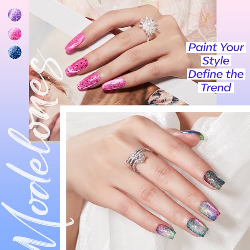 Image of modelones Cat Eye Gel Nail Polish, 6 Colors Glitter Summer Red Pink Purple Green Blue Gel Polish Set with Magnet Sparkle Nail Gel Polish Kit Soak Off Led Nail Art Manicure Salon DIY Gifts