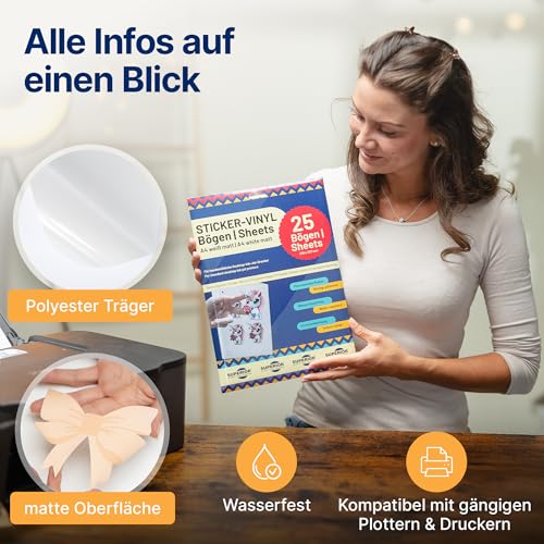 Sticker Papier zum Bedrucken – Superior Sticker Vinyl A4 – Bedruckbare Vinylfolie für Inkjet-Drucker – Selbstklebend & Wasserfest – Für DIY Aufkleber, Etiketten, Basteln & Scrapbooking