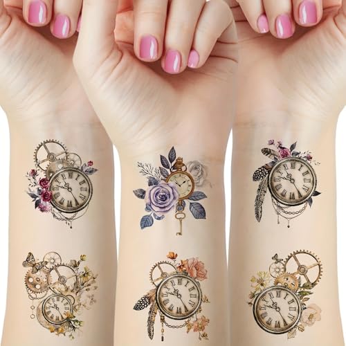 16 Sheets Vintage Clock Gear Rose Feather Key Tattoos