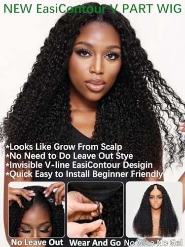 Image of KLAIYI EasiContour V Part Wig Human Hair Curly Glueless Wear And Go Clip In Half Wig Upgrade U Part Wigs for Women 12A No Leave Out No Glue Beginner Friendly Natural Black Color Ready to Wear 22Inch