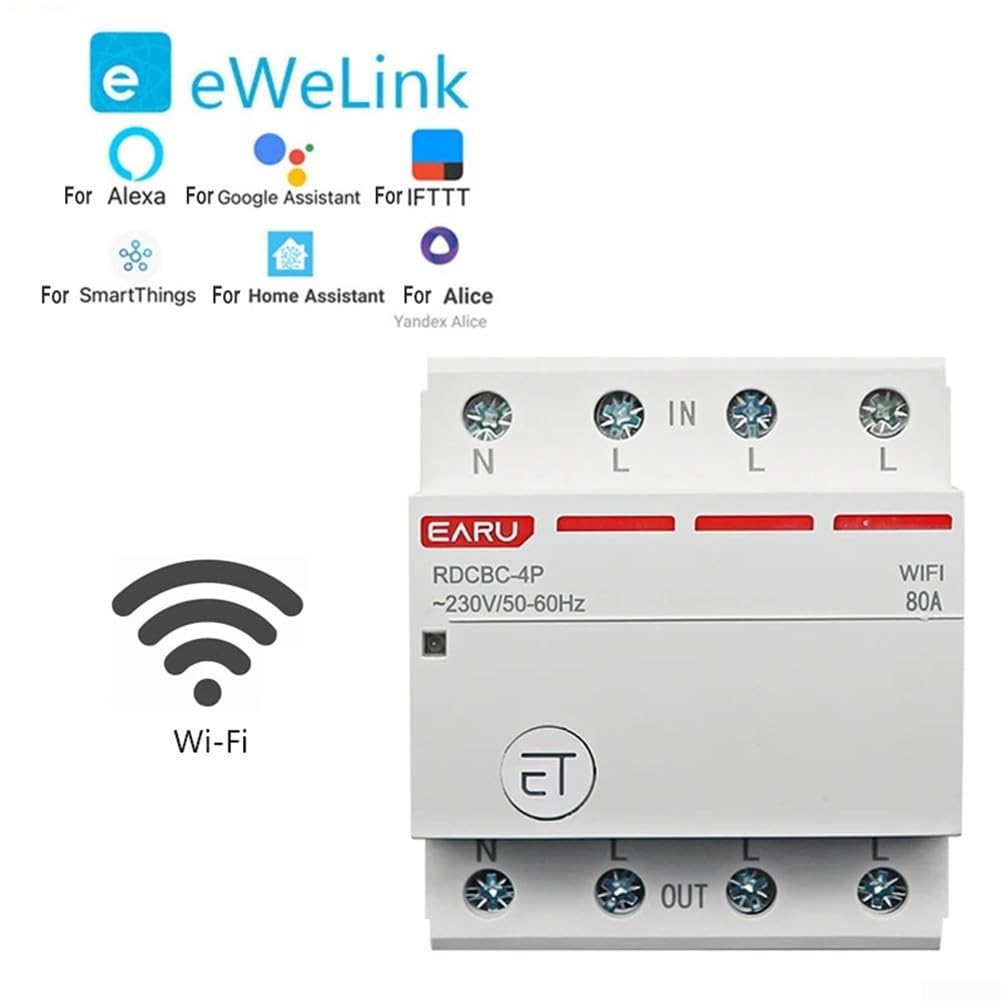 Interruptor inteligente de 3 fases con control de tiempo y mando a distancia, control por voz, para aplicación eWeLink, 63 A/80A, 3P+N, riel DIN de 18 mm (63 A)