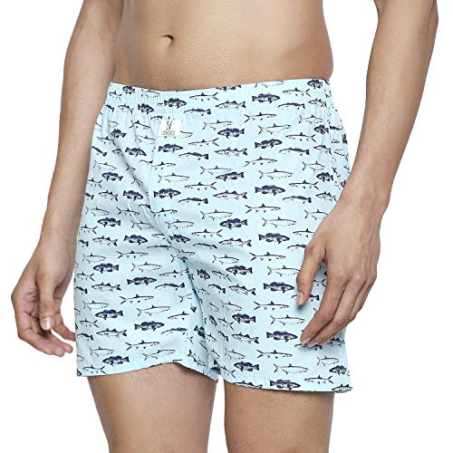 Image of Longies Men's Regular Printed Boxer Shorts (LGBOXPO2V001 Floral Pink /Fish Blue Medium)