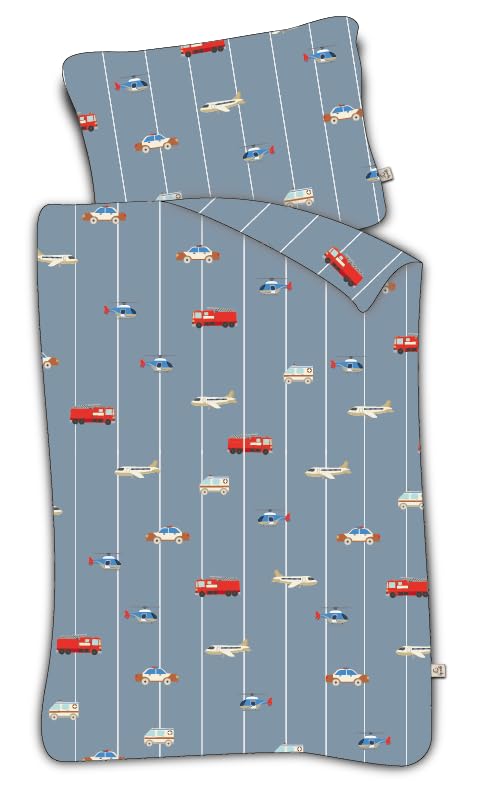 Brandmac Bedding Set for Babies or Small Bed 100% Cotton, Duvet Cover 100 x 135 cm + Pillowcase 40 x 60 cm, by Mats, Striped Cars