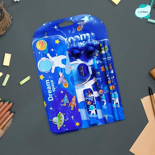 Image of Stationary Set School Kit Good For Birthday Return Gift Cute Educational Supplies For Kids -1*Steel Pencil Box,1*Lead Pencil,2*Pencils,1*Sharpener,1*Pencil Leads,2*Pencil Caps - (Space Theme)