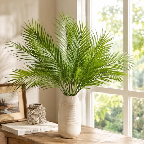ZADL 12 Pack Artificial Palm Leaves, 17 Inch Faux Tropical Palm Fronds with Bendable Stems, Realistic Greenery for Hawaiian Luau, Jungle, Safari, Beach, Wedding and Home Decor - image 4