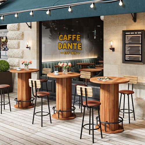 Image of Tribesigns Round Dining Table Set of 4, Bar Height Commercial Kitchen Table with Wood Strip Base and Footrest, for Dining Room, Restaurant, Cafe, Bakery, School, Apartment, Walnut Brown (Only Table)