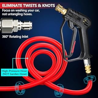 Short Pressure Washer Gun with Swivel, Anti-Tangle Design, Max 4000 PSI, Heavy Duty, 3/8" QC & M22 14/15mm Inlet, 1/4" Quick Connect Outlet for Car Detailing