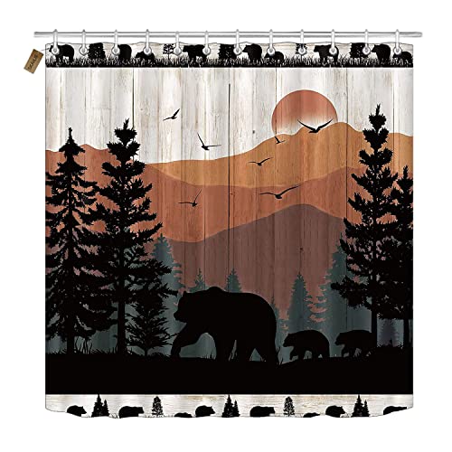 Skailié 4Pcs Cabin Shower Curtain Set, Terracotta Mountain Sun Birds Black Bear Pine Tree Woodland Animal Hunting Lodge Country Rustic Farmhouse Bathroom Decor Fabric Shower Curtain, Non-Slip Bath Mat #TOP1