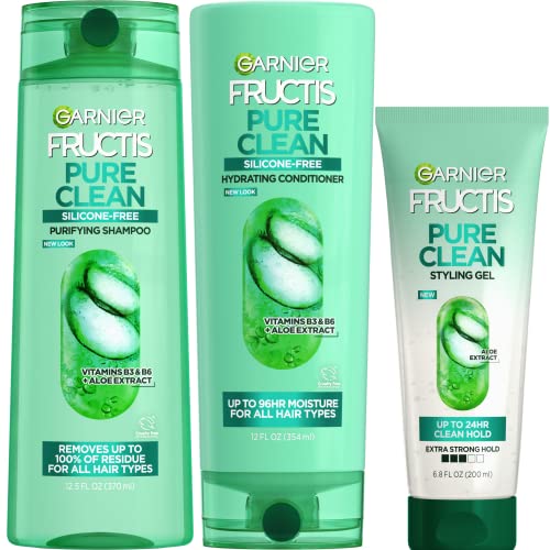 Garnier Fructis Pure Clean Pure Clean Shampoo, Conditioner, and Strong Hold Gel Kit, with Aloe and Vitamin E Extract, Paraben and Silicone Free, 1 Kit