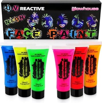The Glowhouse UV Neon Face Paint and Body Paint Set (Pack of 6) Fluorescent Brightest Glow under UV!