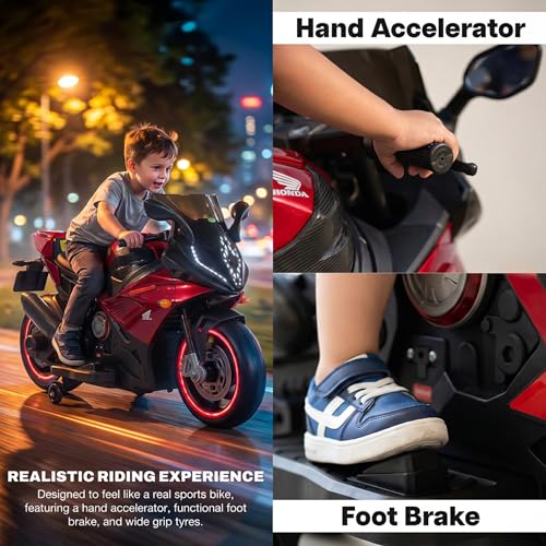 Image of Baybee SuperX Electric Bike for Kids 3+ Years | Baby Rechargeable Battery Bike with Training Wheels, Hand Accelerator, Foot Brake, Led Lights & Music | Battery Operated Bike for Kids to Drive (Red)